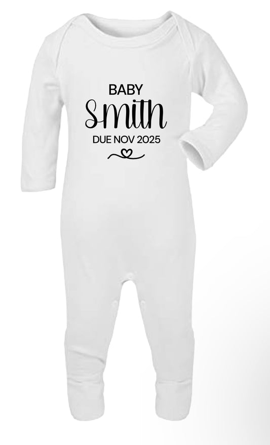 New Baby Personalised Surname Sleepsuit