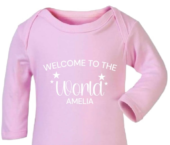 Personalised Welcome to the World Baby Pink Sleepsuit