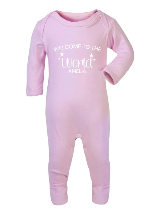 Personalised Welcome to the World Baby Pink Sleepsuit