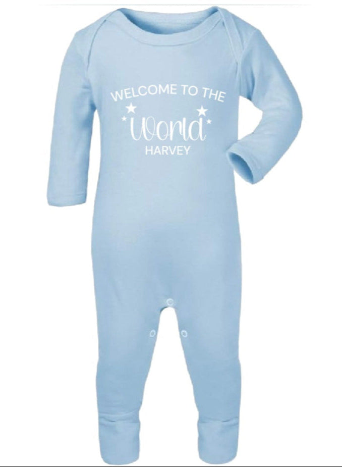 Personalised Welcome to the World Baby Blue Sleepsuit