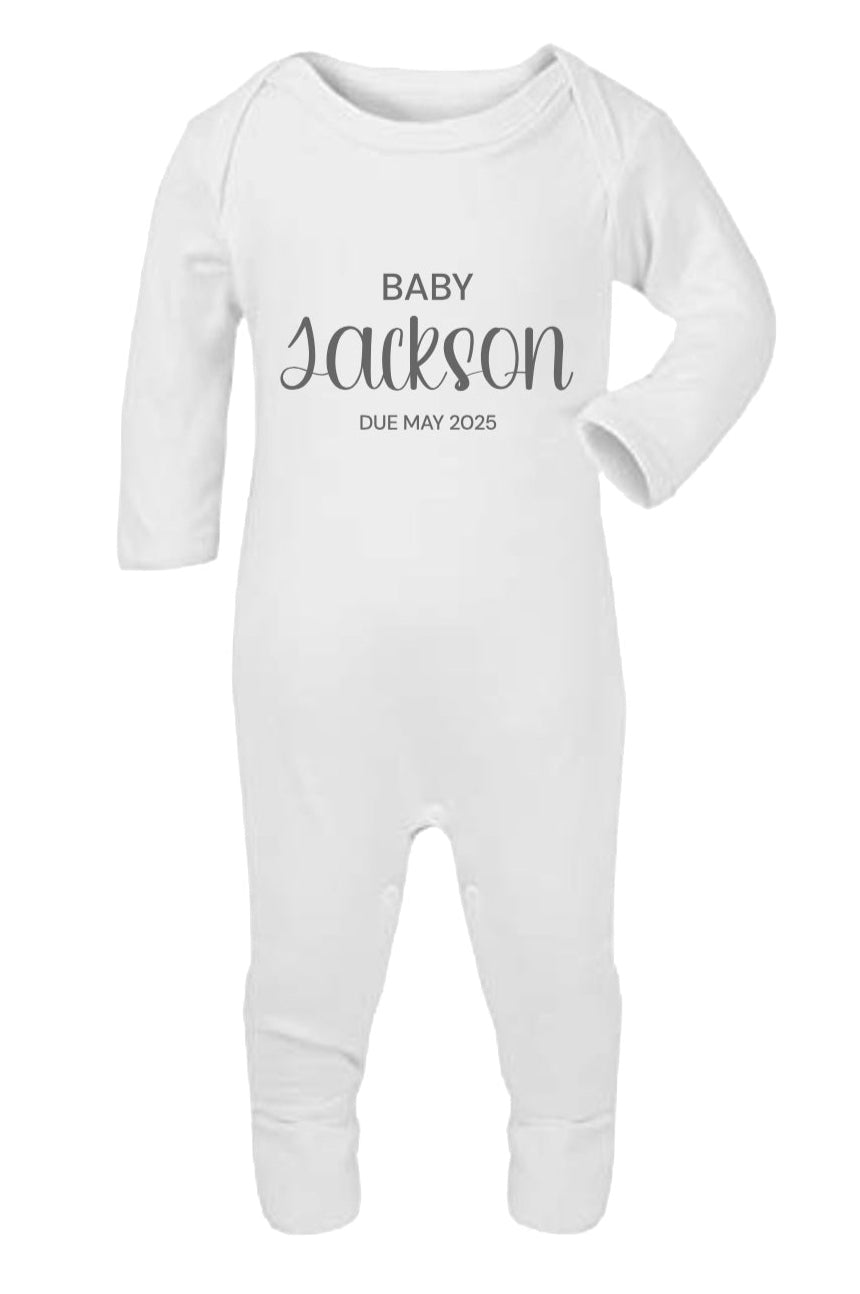 Personalised White Surname and Due Date Sleepsuit